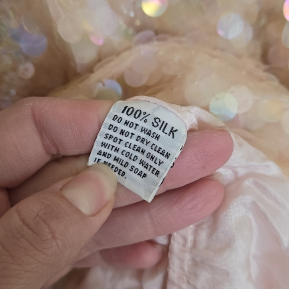 VTG Large Pink Ivory Full Sequin Glam Silk Evening Blouse 80s Beaded Iridescent‎ - Picture 9 of 16